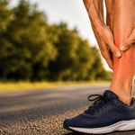 Runner holding lower leg with shin pain while standing on a road during outdoor exercise