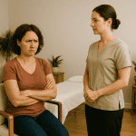 Massage therapist calmly interacting with a difficult massage client