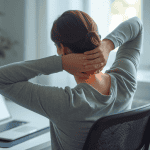 Person seated at desk holding neck in discomfort