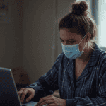 Person in plaid pajamas and surgical mask researching symptoms on a laptop at home, reflecting cyberchondria behavior