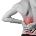 Male client hands on back indicating back pain in red