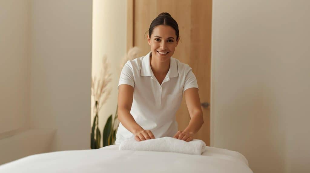 Professional massage therapist preparing massage office for client