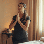 Massage therapist taking a pause between sessions during the holidays