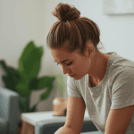 Person seated in a quiet massage waiting area, leaning forward in a moment of emotional release and reflection