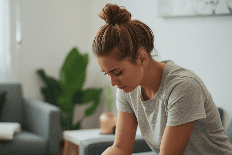 Person seated in a quiet massage waiting area, leaning forward in a moment of emotional release and reflection
