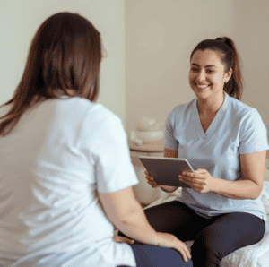 Massage therapist talking with client performing intake