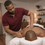 Massage therapist providing back massage to a male veteran client on a massage table in a peaceful office setting.