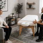 Massage therapist consulting with client before treatment session