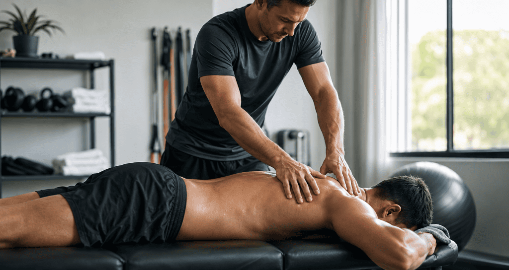 Massage therapist performing sports massage on an athlete in a professional treatment setting.