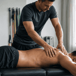 Massage therapist performing sports massage on an athlete in a professional treatment setting.