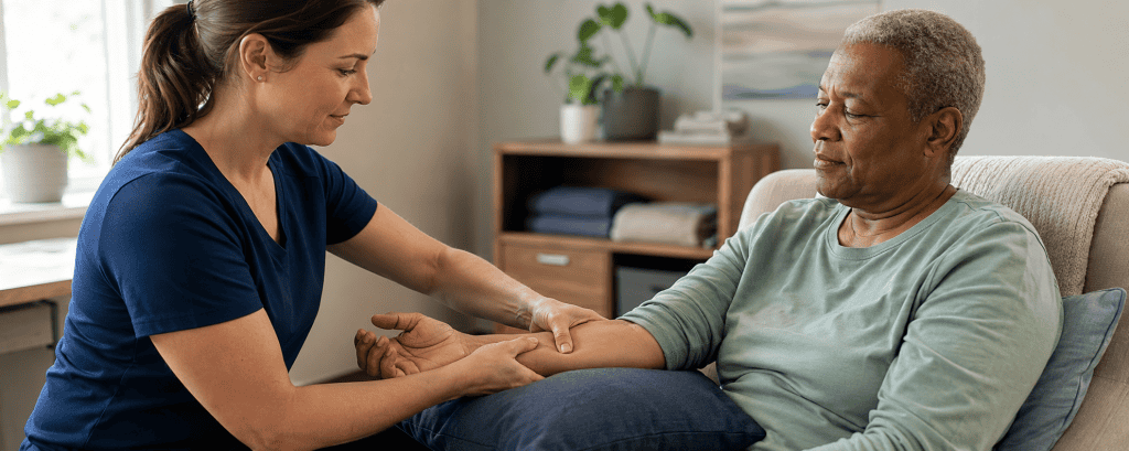 Massage therapist gently massaging the supported forearm of an older stroke survivor