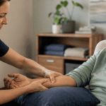 Massage therapist gently massaging the supported forearm of an older stroke survivor