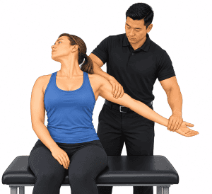 Halstead's maneuver for thoracic outlet syndrome assessing radial pulse with arm traction and neck rotation