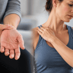 Person holding their wrist to illustrate carpal tunnel syndrome alongside a woman experiencing shoulder and collarbone discomfort associated with thoracic outlet syndrome.